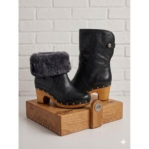 UGG Lynnea 🖤 Leather Clog Boots Wooden Heel Shearling Lined Mid Calf studs MOTO
